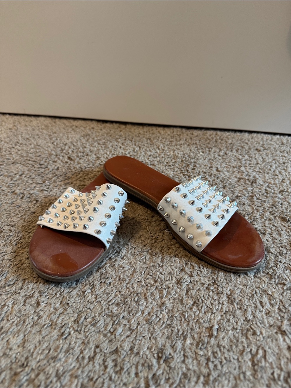 Madden Girl White Studded Slide Sandals with Brown Footbed